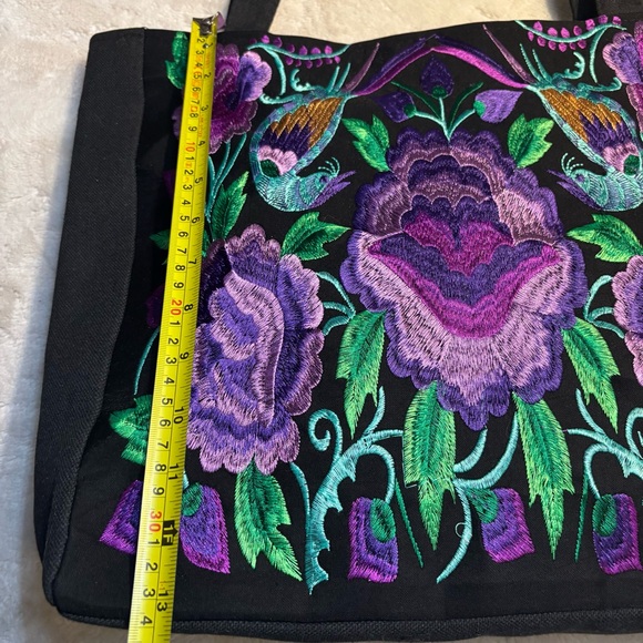 NEW Tote Bag Black Canvas Embroidered Floral Birds Purple Green Teal Zippered - Picture 14 of 16